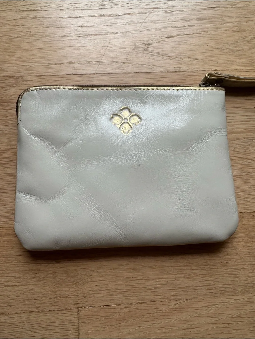 Patricia Nash White Floral Embossed leather Wristlet Clutch with Gold Accents